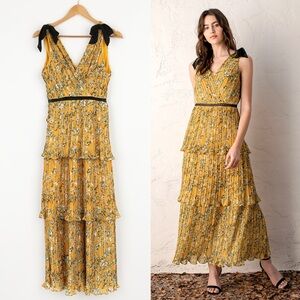 Lulus Such Sophistication Yellow Floral Print Pleated Maxi Dress | Medium